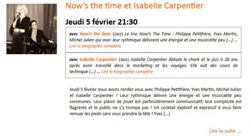 Musique: Now’s the time et Isabelle Carpentier