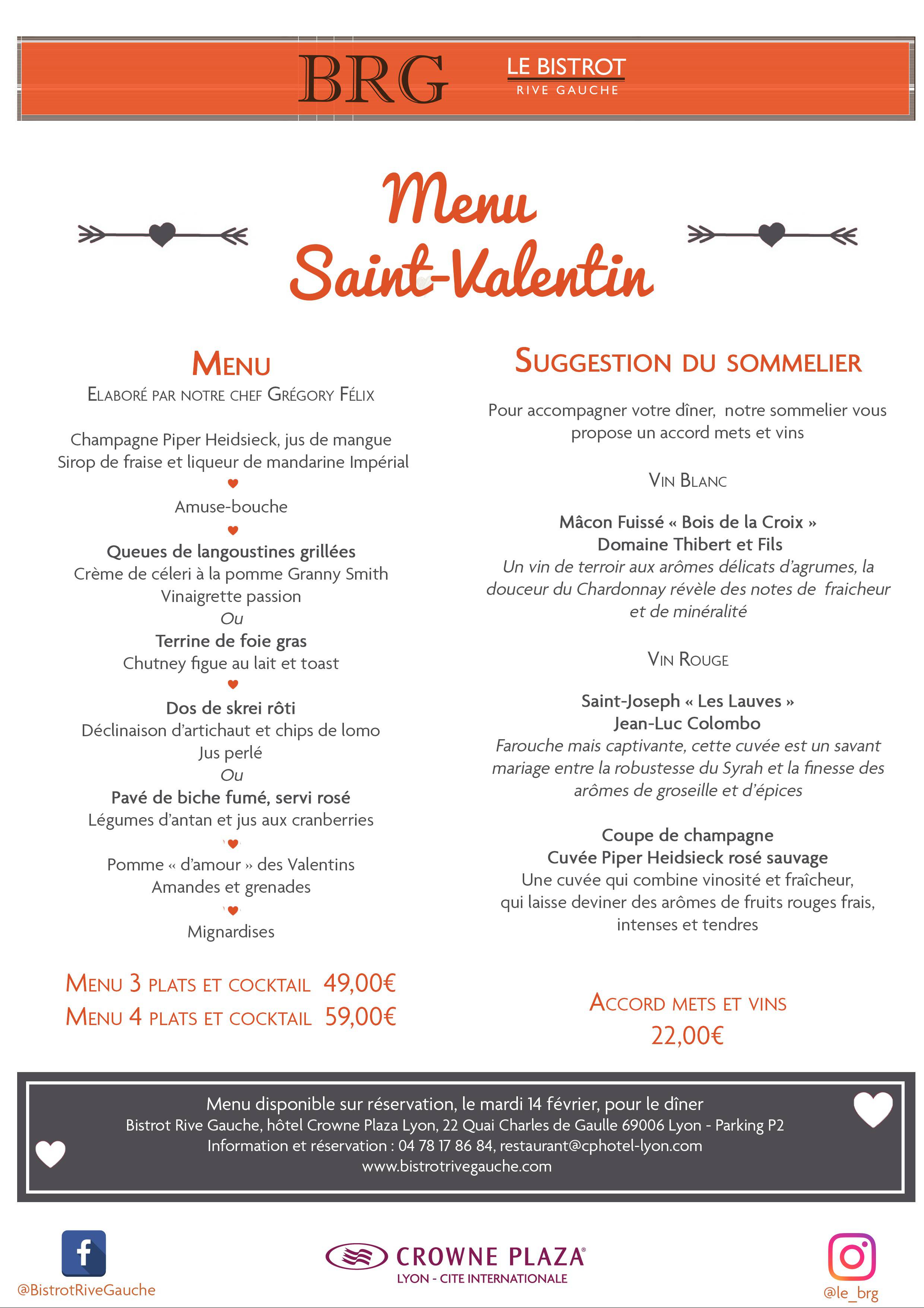  Menu Saint Valentin  restaurant Bistrot rive Gauche Lyon