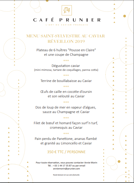 Menu Saint Sylvestre Au Caviar Reveillon 19 Du Restaurant Prunier A Paris